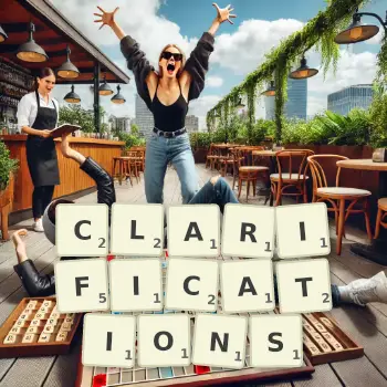Illustration créative d'un jeu de lettres avec le mot CLARIFICATIONS épelé sur le plateau.