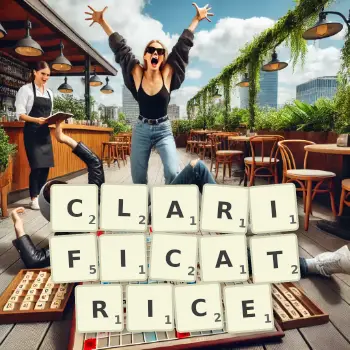 Illustration créative d'un jeu de lettres avec le mot CLARIFICATRICE épelé sur le plateau.