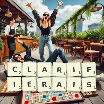 Illustration créative d'un jeu de lettres avec le mot CLARIFIERAIS épelé sur le plateau.