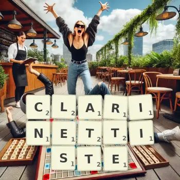 Illustration créative d'un jeu de lettres avec le mot CLARINETTISTE épelé sur le plateau.