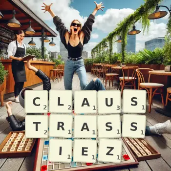 Illustration créative d'un jeu de lettres avec le mot CLAUSTRASSIEZ épelé sur le plateau.