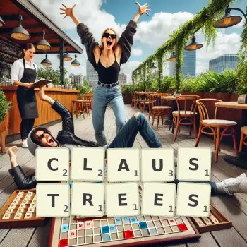 Illustration créative d'un jeu de lettres avec le mot CLAUSTREES épelé sur le plateau.