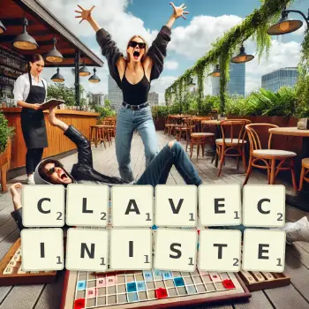 Illustration créative d'un jeu de lettres avec le mot CLAVECINISTE épelé sur le plateau.