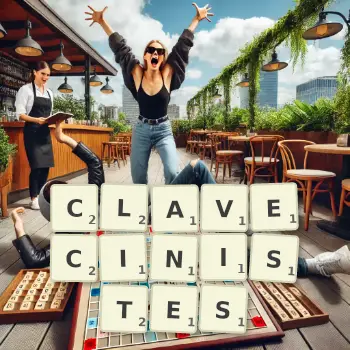 Illustration créative d'un jeu de lettres avec le mot CLAVECINISTES épelé sur le plateau.