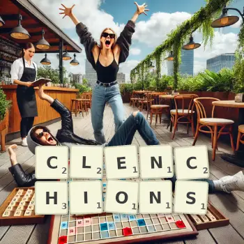 Illustration créative d'un jeu de lettres avec le mot CLENCHIONS épelé sur le plateau.