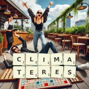 Illustration créative d'un jeu de lettres avec le mot CLIMATERES épelé sur le plateau.