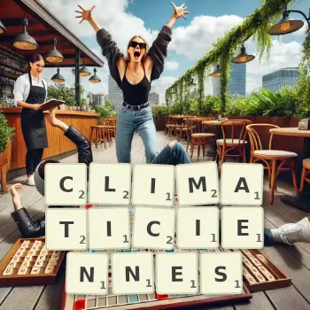 Illustration créative d'un jeu de lettres avec le mot CLIMATICIENNES épelé sur le plateau.