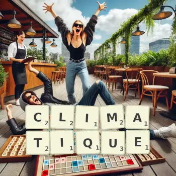 Illustration créative d'un jeu de lettres avec le mot CLIMATIQUE épelé sur le plateau.