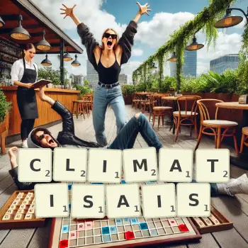 Illustration créative d'un jeu de lettres avec le mot CLIMATISAIS épelé sur le plateau.