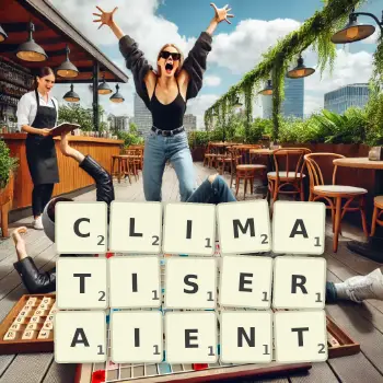 Illustration créative d'un jeu de lettres avec le mot CLIMATISERAIENT épelé sur le plateau.