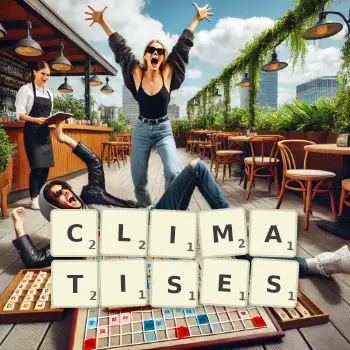 Illustration créative d'un jeu de lettres avec le mot CLIMATISES épelé sur le plateau.
