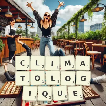 Illustration créative d'un jeu de lettres avec le mot CLIMATOLOGIQUE épelé sur le plateau.