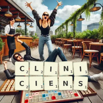 Illustration créative d'un jeu de lettres avec le mot CLINICIENS épelé sur le plateau.