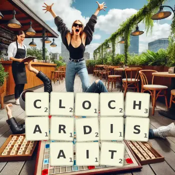 Illustration créative d'un jeu de lettres avec le mot CLOCHARDISAIT épelé sur le plateau.