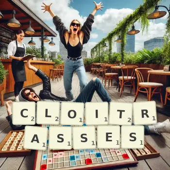 Illustration créative d'un jeu de lettres avec le mot CLOITRASSES épelé sur le plateau.
