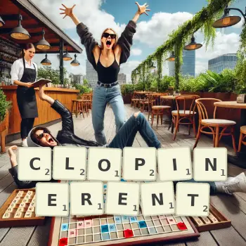 Illustration créative d'un jeu de lettres avec le mot CLOPINERENT épelé sur le plateau.