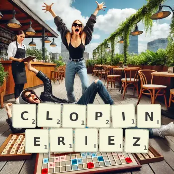 Illustration créative d'un jeu de lettres avec le mot CLOPINERIEZ épelé sur le plateau.
