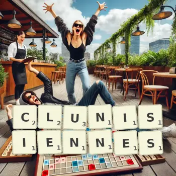 Illustration créative d'un jeu de lettres avec le mot CLUNISIENNES épelé sur le plateau.