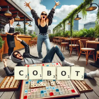 Illustration créative d'un jeu de lettres avec le mot COBOT épelé sur le plateau.