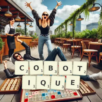 Illustration créative d'un jeu de lettres avec le mot COBOTIQUE épelé sur le plateau.