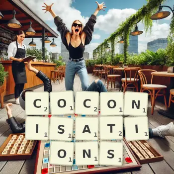 Illustration créative d'un jeu de lettres avec le mot COCONISATIONS épelé sur le plateau.