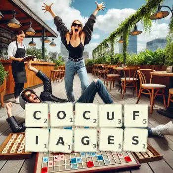 Illustration créative d'un jeu de lettres avec le mot COCUFIAGES épelé sur le plateau.