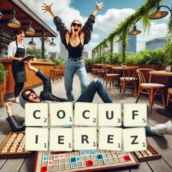 Illustration créative d'un jeu de lettres avec le mot COCUFIEREZ épelé sur le plateau.