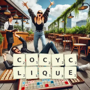 Illustration créative d'un jeu de lettres avec le mot COCYCLIQUE épelé sur le plateau.
