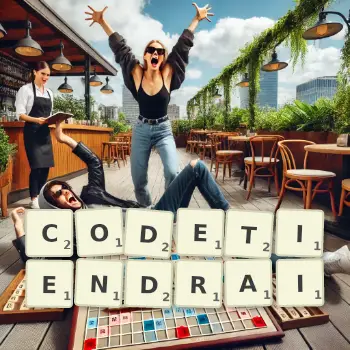 Illustration créative d'un jeu de lettres avec le mot CODETIENDRAI épelé sur le plateau.