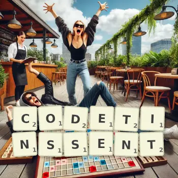Illustration créative d'un jeu de lettres avec le mot CODETINSSENT épelé sur le plateau.