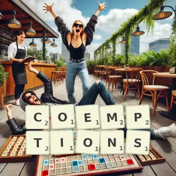 Illustration créative d'un jeu de lettres avec le mot COEMPTIONS épelé sur le plateau.