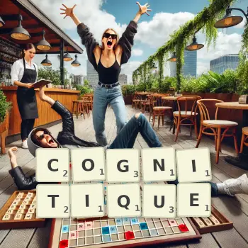 Illustration créative d'un jeu de lettres avec le mot COGNITIQUE épelé sur le plateau.