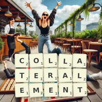 Illustration créative d'un jeu de lettres avec le mot COLLATERALEMENT épelé sur le plateau.