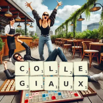 Illustration créative d'un jeu de lettres avec le mot COLLEGIAUX épelé sur le plateau.