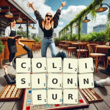 Illustration créative d'un jeu de lettres avec le mot COLLISIONNEUR épelé sur le plateau.