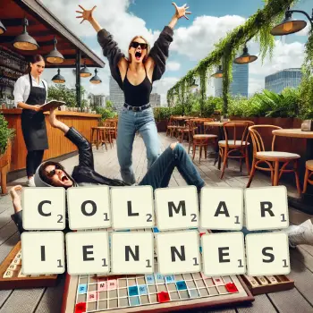 Illustration créative d'un jeu de lettres avec le mot COLMARIENNES épelé sur le plateau.