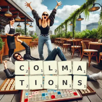 Illustration créative d'un jeu de lettres avec le mot COLMATIONS épelé sur le plateau.