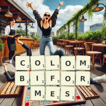 Illustration créative d'un jeu de lettres avec le mot COLOMBIFORMES épelé sur le plateau.