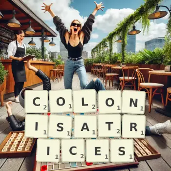 Illustration créative d'un jeu de lettres avec le mot COLONISATRICES épelé sur le plateau.