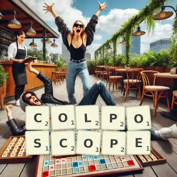 Illustration créative d'un jeu de lettres avec le mot COLPOSCOPE épelé sur le plateau.