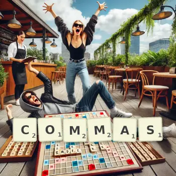 Illustration créative d'un jeu de lettres avec le mot COMMAS épelé sur le plateau.