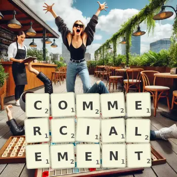 Illustration créative d'un jeu de lettres avec le mot COMMERCIALEMENT épelé sur le plateau.