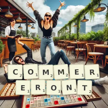 Illustration créative d'un jeu de lettres avec le mot COMMERERONT épelé sur le plateau.