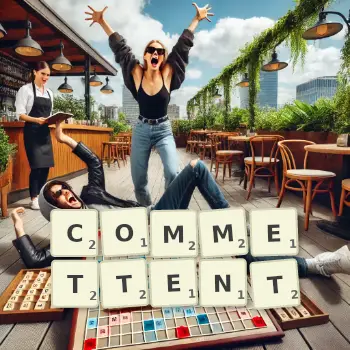 Illustration créative d'un jeu de lettres avec le mot COMMETTENT épelé sur le plateau.