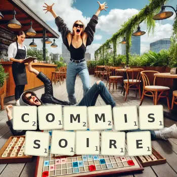 Illustration créative d'un jeu de lettres avec le mot COMMISSOIRE épelé sur le plateau.
