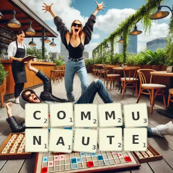 Illustration créative d'un jeu de lettres avec le mot COMMUNAUTE épelé sur le plateau.