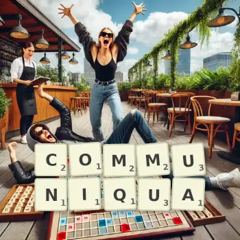 Illustration créative d'un jeu de lettres avec le mot COMMUNIQUA épelé sur le plateau.