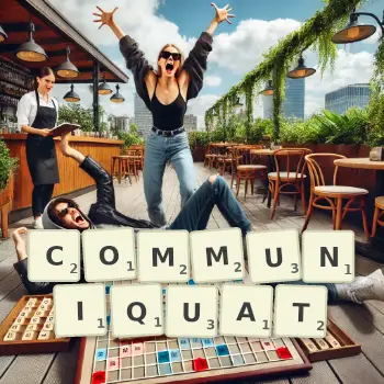 Illustration créative d'un jeu de lettres avec le mot COMMUNIQUAT épelé sur le plateau.
