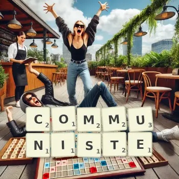 Illustration créative d'un jeu de lettres avec le mot COMMUNISTE épelé sur le plateau.