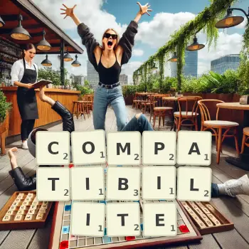 Illustration créative d'un jeu de lettres avec le mot COMPATIBILITE épelé sur le plateau.